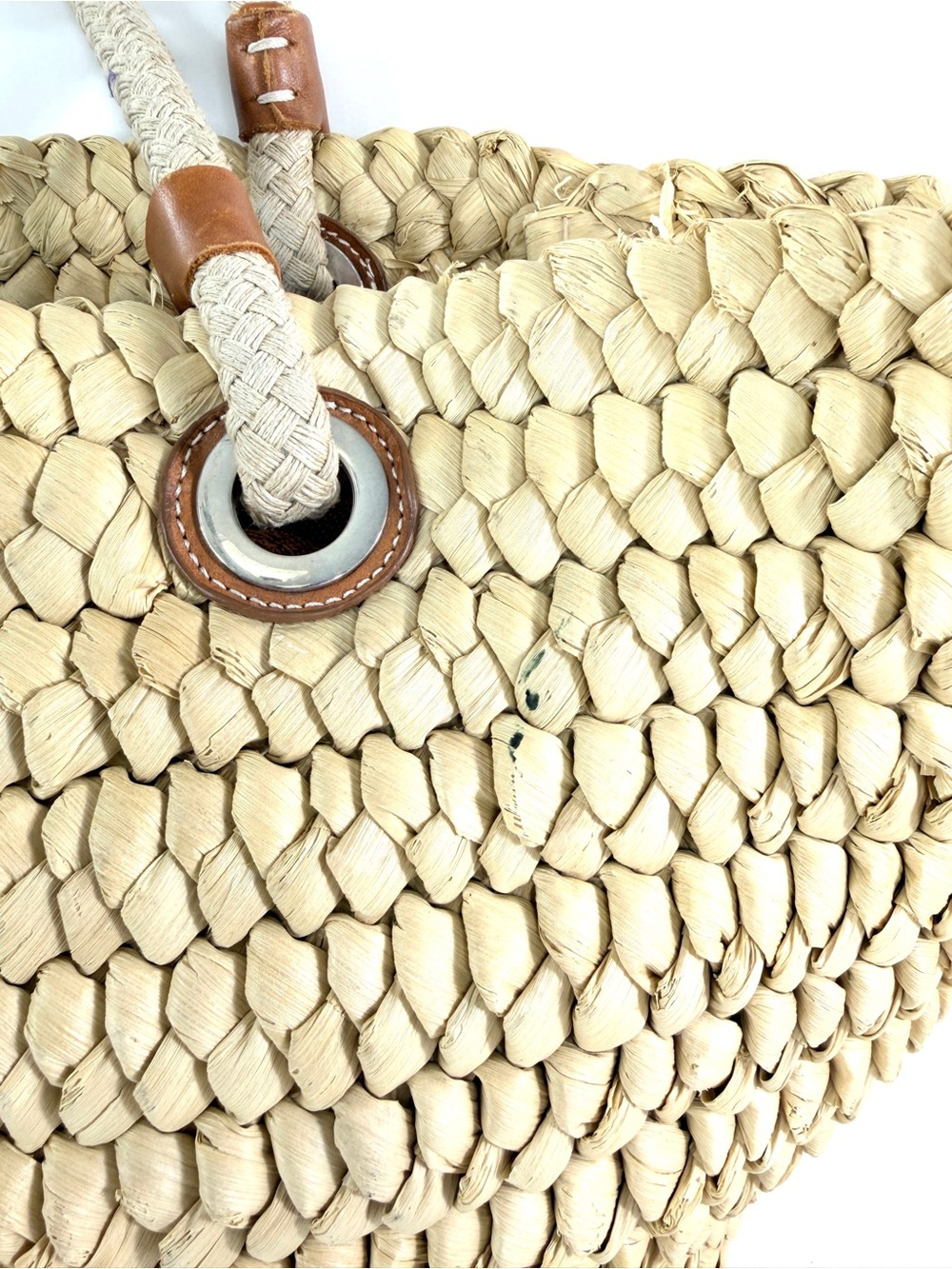Lands End Woven Raffia Beach Shopper Summer Large Straw Tote Bag Leather Accents - Picture 11 of 11